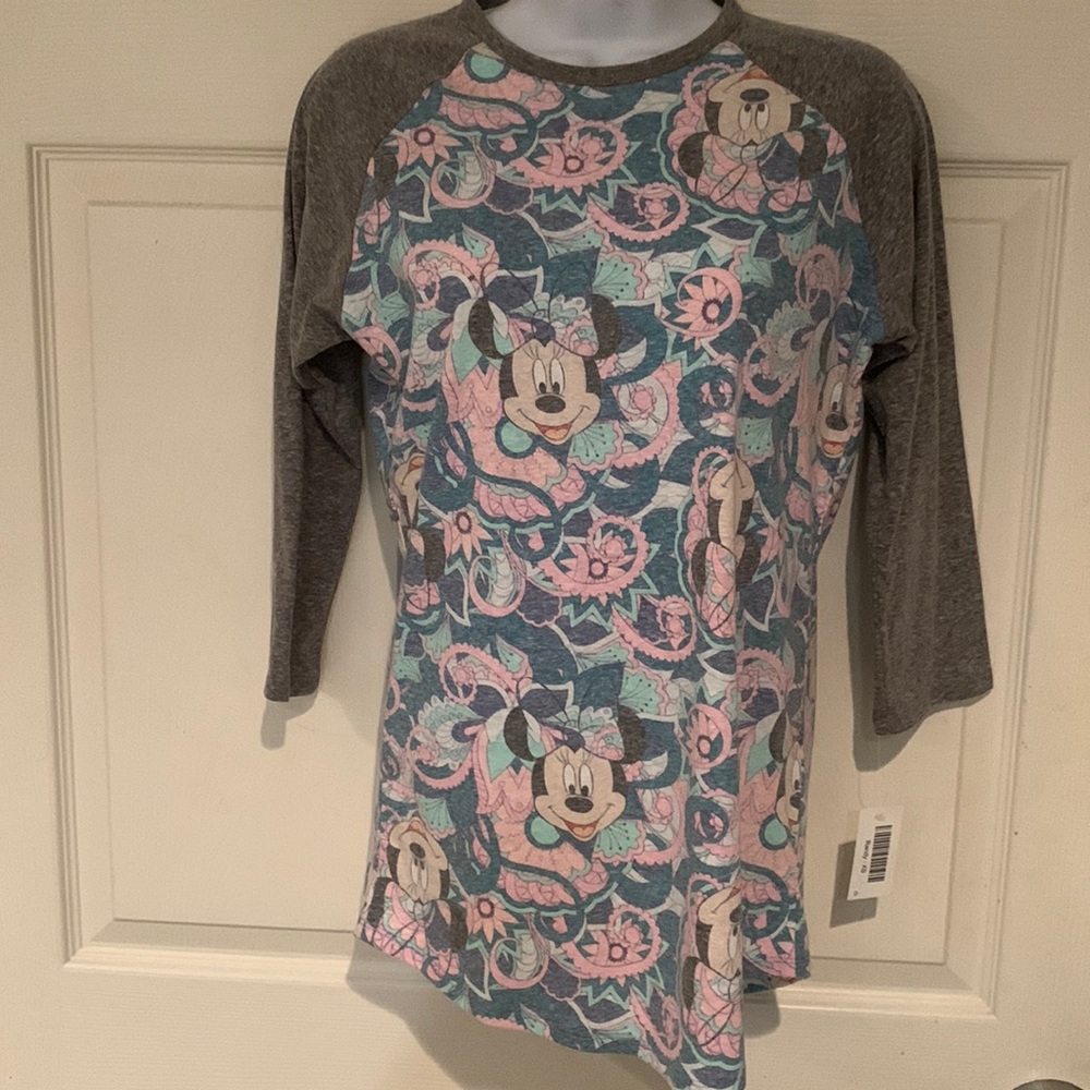 LuLaRoe Disney Tee Shirt Minnie Mouse Gray Sleeves W/Pink & Blue Minnie NWT XS